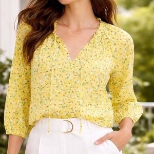 LOFT Petites Yellow Floral Print Ruffle Neck Tie V Neck Summer Blouse Top SP